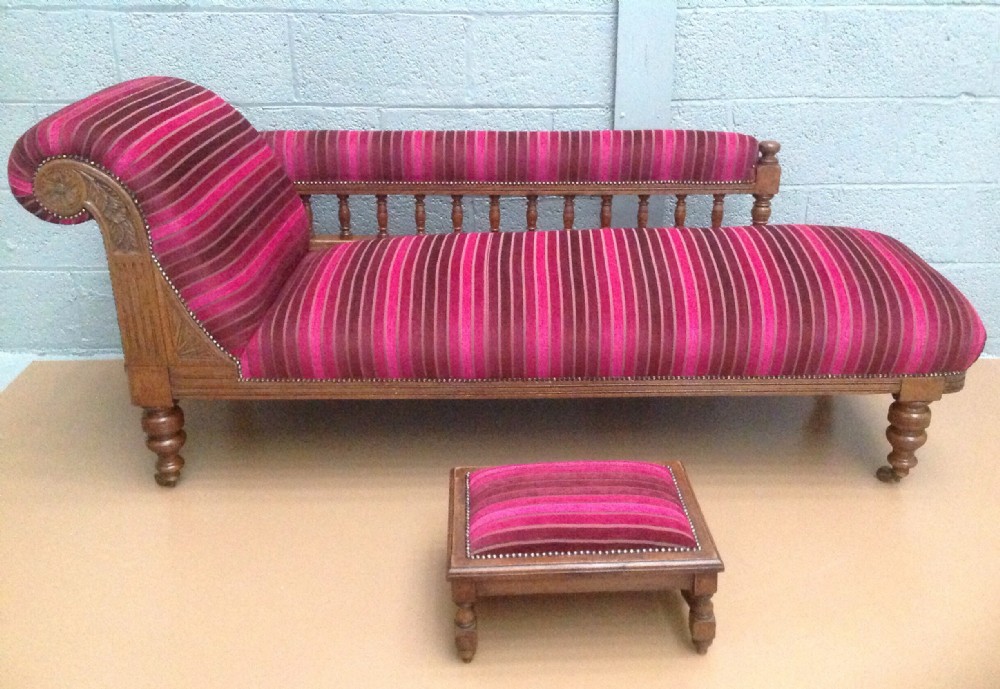 antique oak chaise lounge and stool