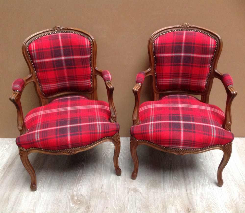 pair of french armchairs in tartan fabric