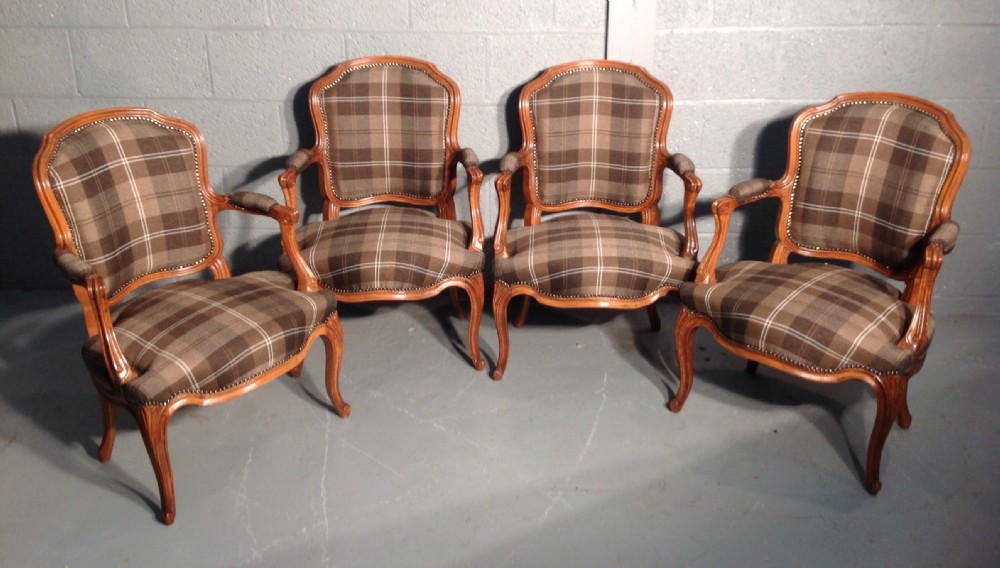 set of 4 french archairs with brown tartan fabric