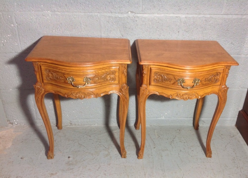 pair of french carved oak bedside lamp tables