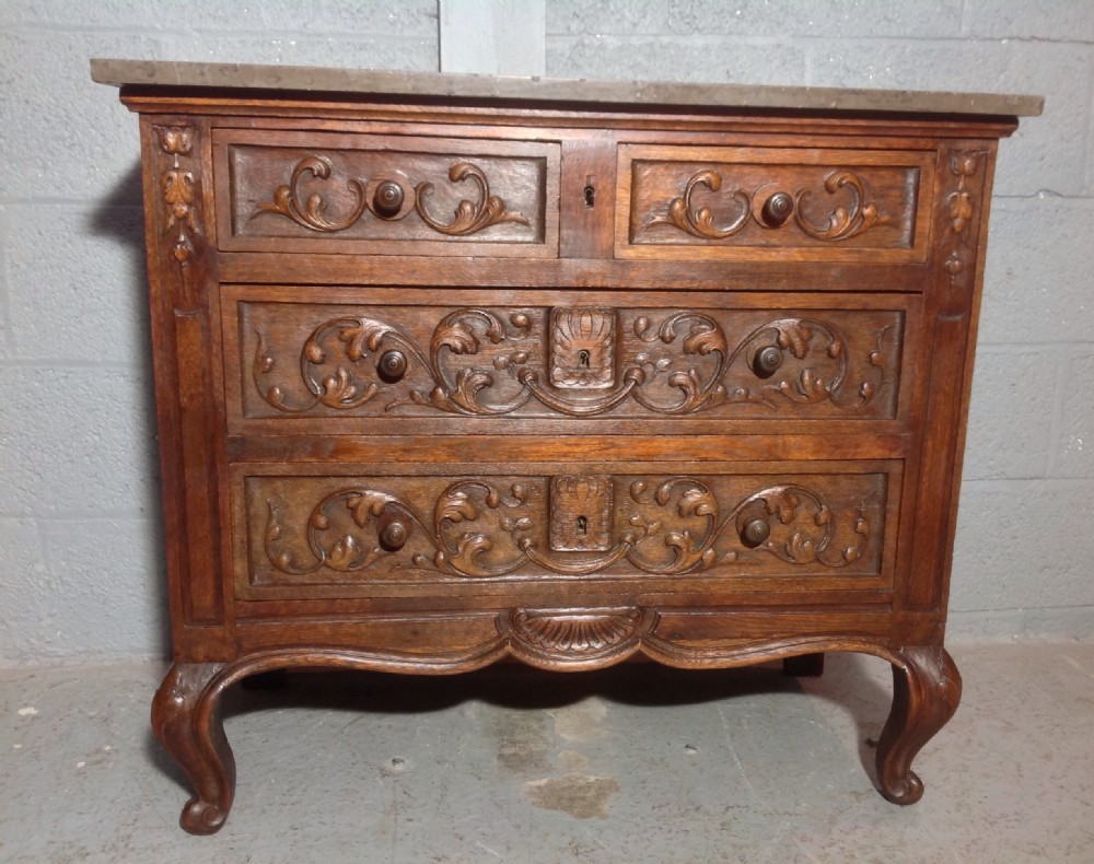 carved oak french commode with marble top