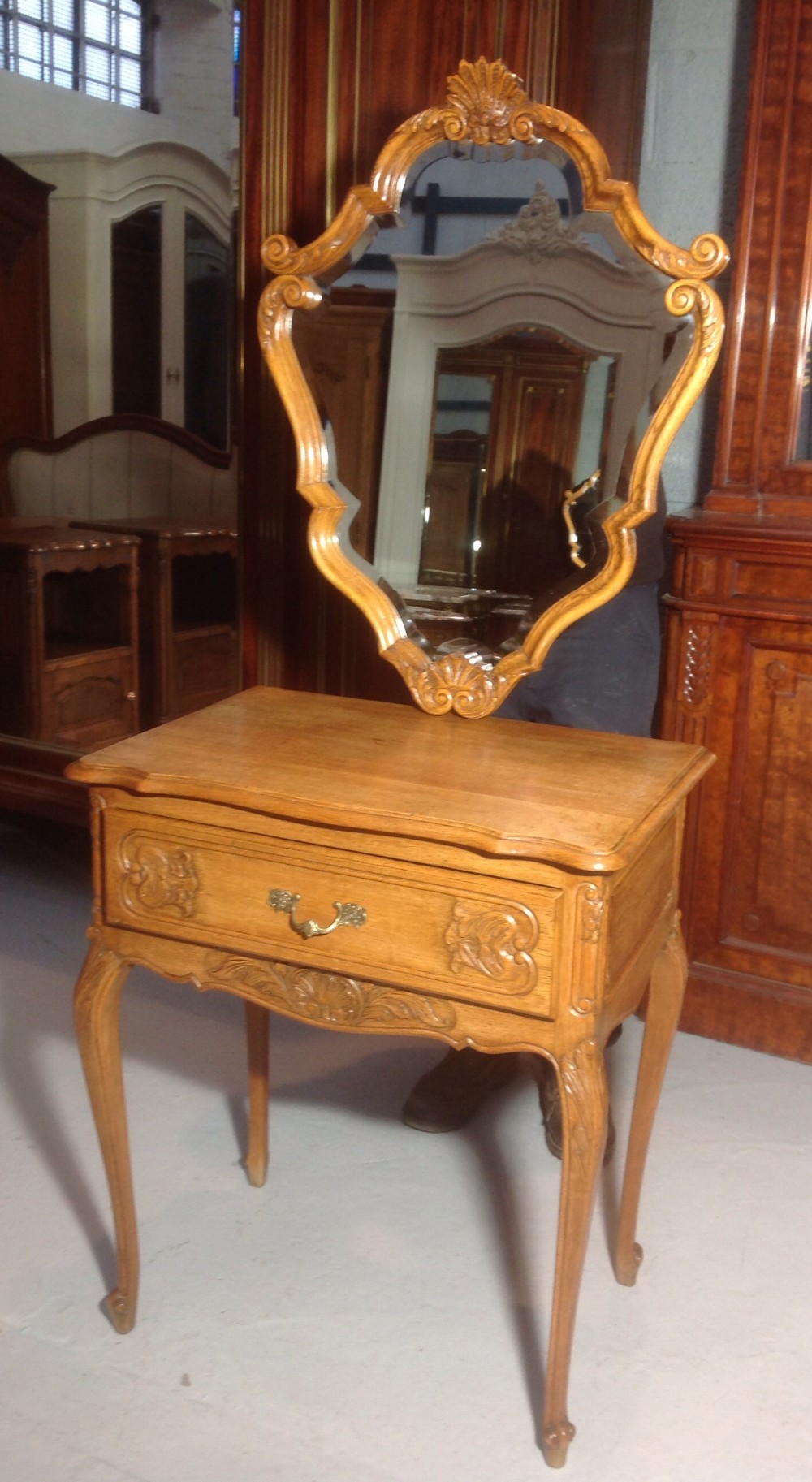 carved oak french mirror and side table