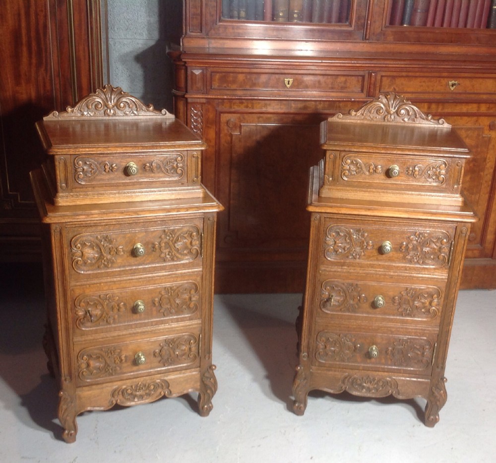quality pair of french carved oak bedside cabinets