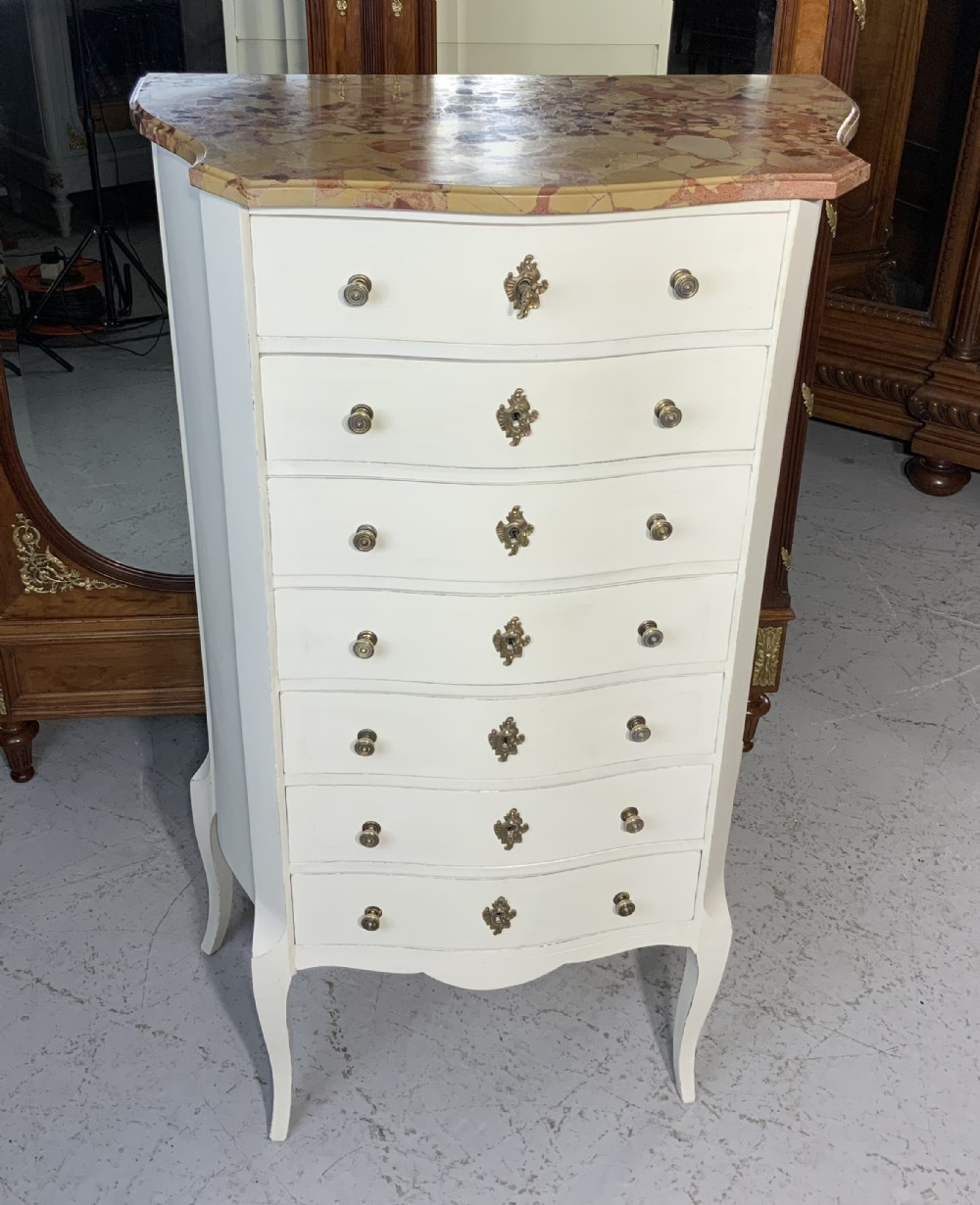 painted french semanier chest of drawers with marble top