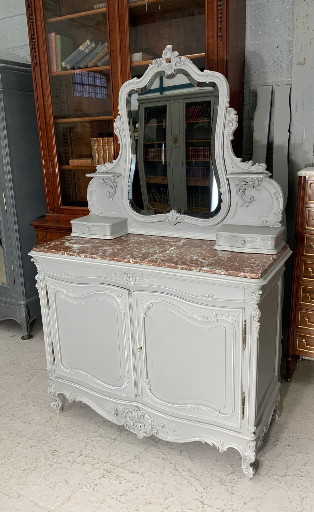 ornately carved walnut french dressing table in plummet grey