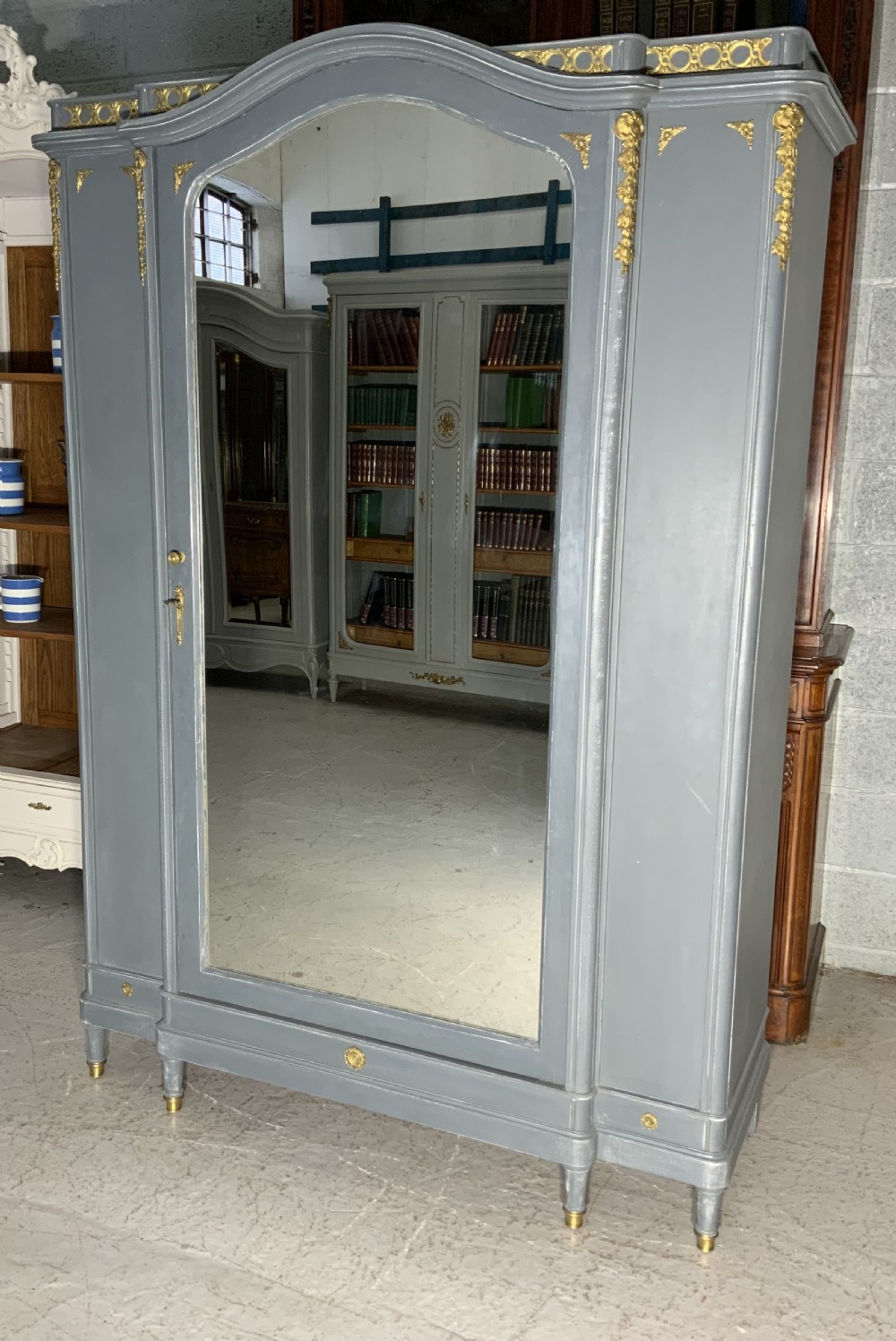 painted french armoire with brass detailing in downpipe grey