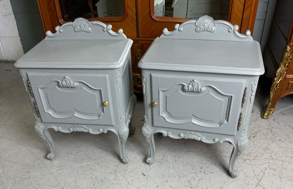 pair of french bedside cabinets in a plummet grey