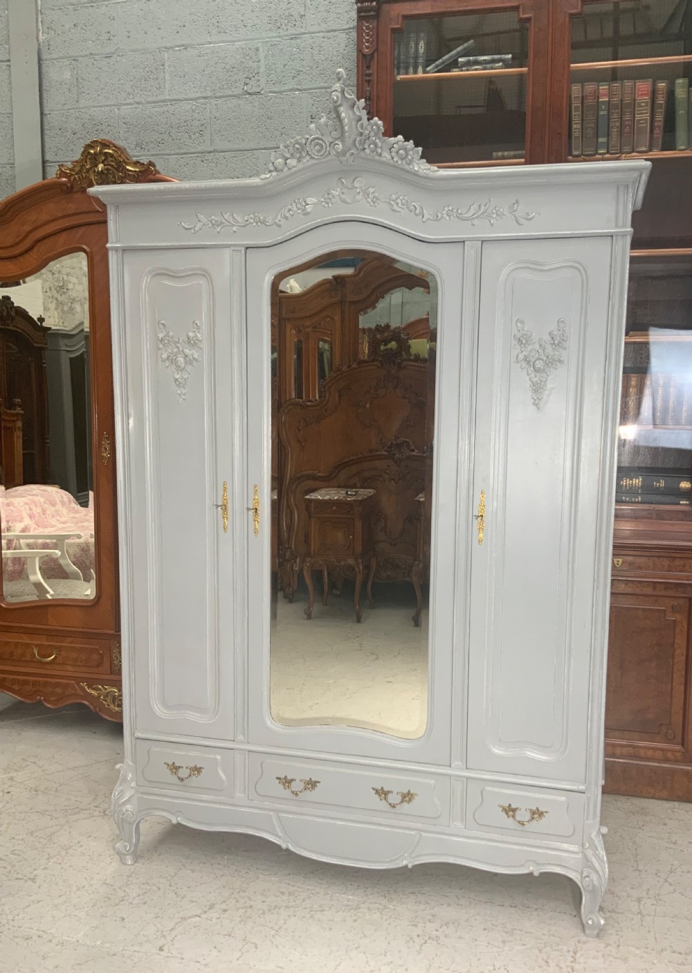 carved french triple armoire in plummet grey
