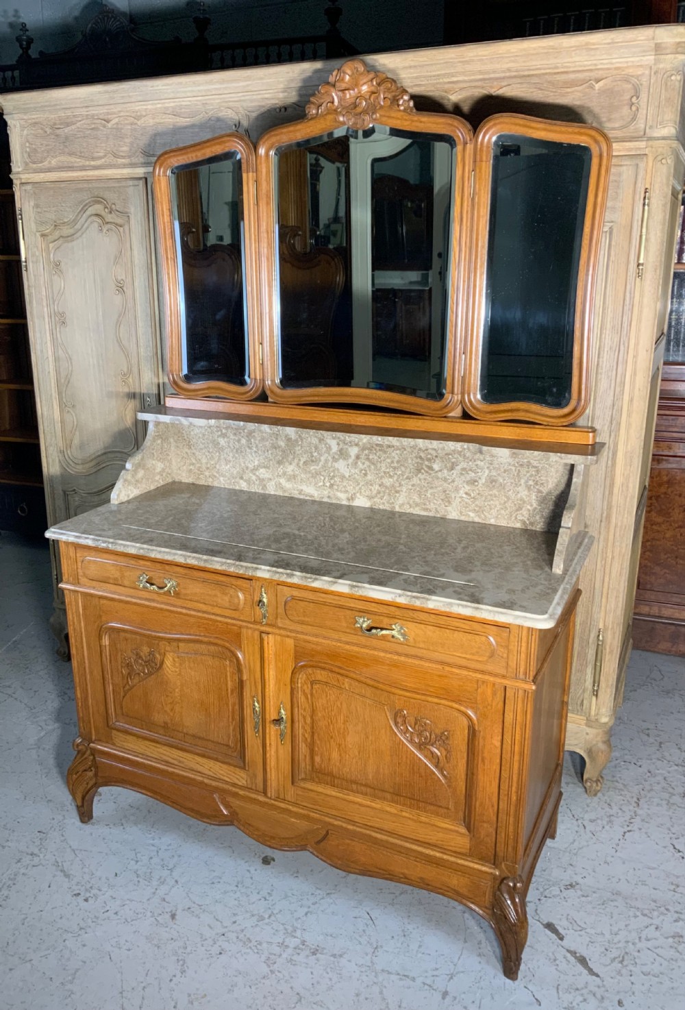 carved oak french marble topped dressing table